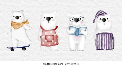 watercolor cute polar bear character set