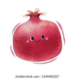 Watercolor Cute Pomegranate Cartoon Character.