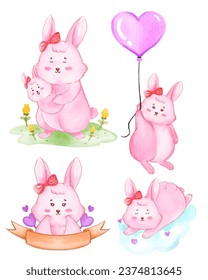 Watercolor cute Rabbit cartoon charactor design collection with different on with background.vector illustration