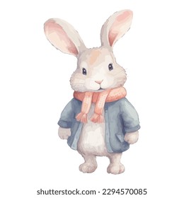 Watercolor Cute Rabbit With Cotton Scarf, and Jacket