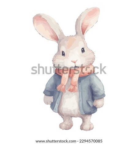 Watercolor Cute Rabbit With Cotton Scarf, and Jacket