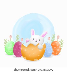 Watercolor cute rabbit in craked easter egg,Easter day concept