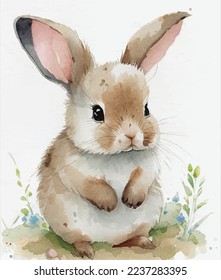 Watercolor cute rabbit vector illustration, funny hand drawn bunny for eatser seasinal card design