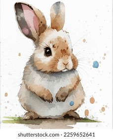 Watercolor cute rabbit vector illustration, funny hand drawn bunny for eatser seasinal card design