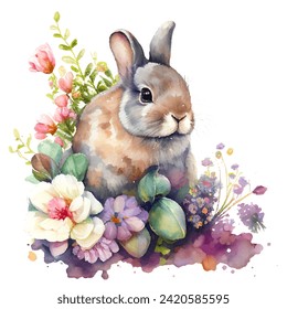 Watercolor cute rabbit vector illustration, funny hand drawn bunny in spring flowers for easter seasonal card design