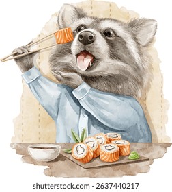 Watercolor cute raccoon character animal in clothes eats sushi with chopsticks vector