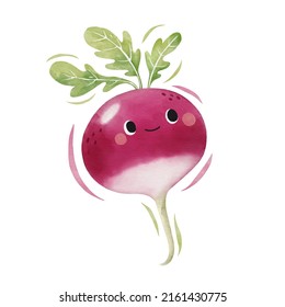 Watercolor cute radish cartoon character. Vector illustration.