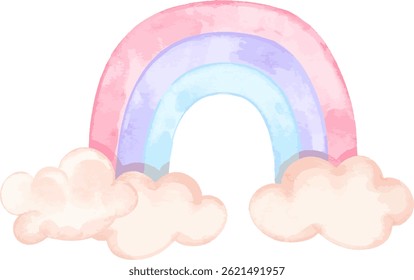 Watercolor Cute rainbow with clouds, hand drawn clip art suited for baby room decoration, nursery, and baby shower project.