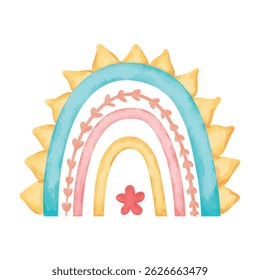 Watercolor cute rainbow. Illustration isolated on white background. Design for logo, baby textile, print, nursery decor, children decoration, kids room. Positive clipart printing fabric.