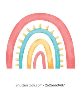 Watercolor cute rainbow. Illustration isolated on white background. Design for logo, baby textile, print, nursery decor, children decoration, kids room. Positive clipart printing fabric.