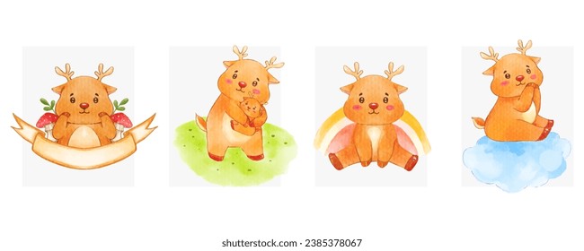 Watercolor cute Raindeer cartoon charactor design collection with different on white background.vector illustration