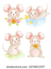 Watercolor cute Rat cartoon charactor design collection with different on with background.vector illustration