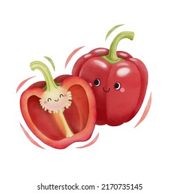 Watercolor Cute Red Bell Pepper Cartoon Character. Vector Illustration.