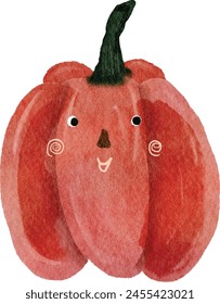 Watercolor cute red bell pepper cartoon character. Vector illustration.
