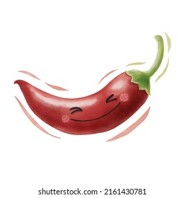 Watercolor Cute Red Chilli Cartoon Character. Vector Illustration.