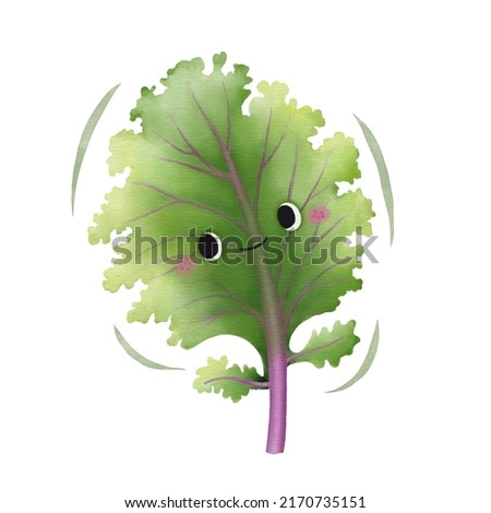Watercolor cute red kale leaf cartoon character. Vector illustration.
