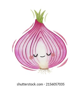 Watercolor cute red onion cartoon character. Vector illustration.