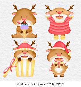 watercolor cute reindeer winter element collection set