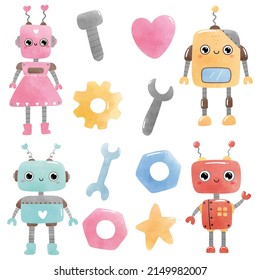 Watercolor cute robot vector illustration