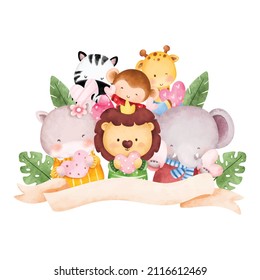 Watercolor cute safari animal with ribbon banner 