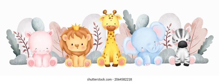 Watercolor Cute Safari Animals Background