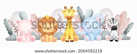 Watercolor cute safari animals background