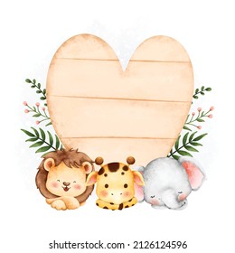 Watercolor cute safari animals with hearth shape wooden sign template