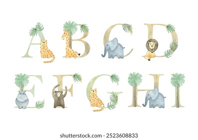 Watercolor cute safari animals vector letters for invitation card, nursery poster and other.