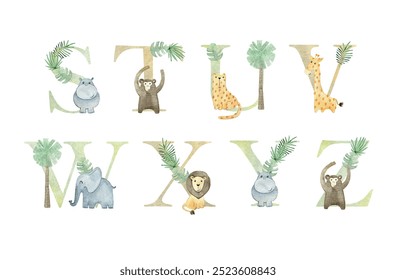 Watercolor cute safari animals vector letters for invitation card, nursery poster and other.