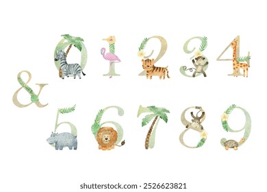 Watercolor cute safari animals vector numbers for invitation card, nursery poster and other.