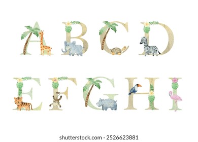 Aquarela bonito safári animais vetores letras para cartão de convite, cartaz de berçário e outros.