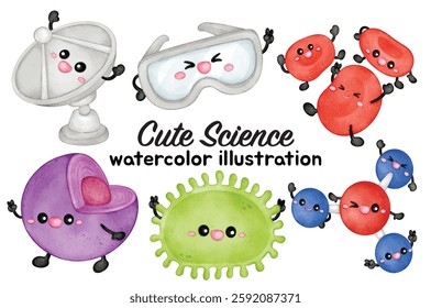 Watercolor Cute Science Illustration Set - Hand-Painted, Adorable, Kawaii Style - Molecule, Satellite, Goggles, Bacteria, Virus, Vector Illustration
