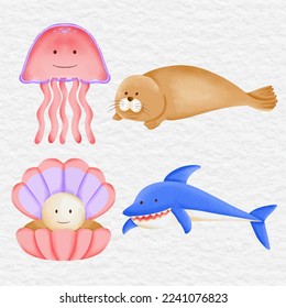 watercolor cute sealife sea animal and fish collection element set