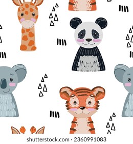 Watercolor cute seamless pattern with animals. Hand drawn illustration for fabric, wrapping paper, etc.