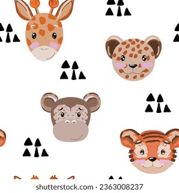 Watercolor cute seamless pattern with animals. Hand drawn illustration for fabric, wrapping paper, etc.