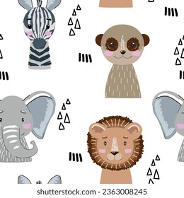 Watercolor cute seamless pattern with animals. Hand drawn illustration for fabric, wrapping paper, etc.