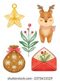 Watercolor cute set with Christmas elements isolated on white background.watercolor holiday design vector illustration.