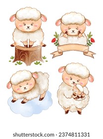 Watercolor cute Sheep cartoon charactor design collection with different on with background.vector illustration