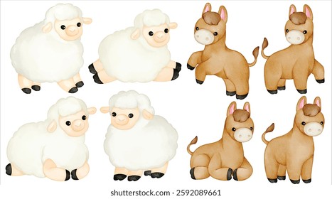 Watercolor Cute Sheep and Pony Illustration Set - Hand-Painted, Adorable, Realistic - Baby Lamb, Fluffy Sheep, Young Pony, Farm Animals, Countryside, Vector Illustration