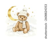 Watercolor Cute Sleepy Teddy Bear on Cloud with Moon and Stars