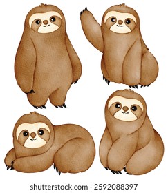 Watercolor Cute Sloth Illustration Set - Hand-Painted, Adorable, Realistic - Lazy Sloth, Jungle Wildlife, Rainforest Animal, Vector Illustration