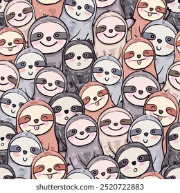 Watercolor cute sloth monkey cartoon seamless pattern