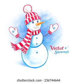 Watercolor cute snowman with falling snow winter background. Vector illustration. Isolated.