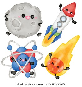 Watercolor Cute Space Science Illustration Set - Hand-Painted, Adorable, Kawaii Style - Rocket, Moon, Comet, Atom, Molecule, Vector Illustration
