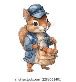 Watercolor Cute Squirrel With Blue Cap and Jacket Hold Fruit Basket