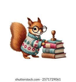 Watercolor Cute Squirrel as Librarian With Stack of Books