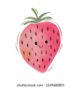 Watercolor cute strawberry cartoon character.