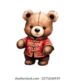 Watercolor Cute Teddy Bear in Chinese New Year Uniform Standing