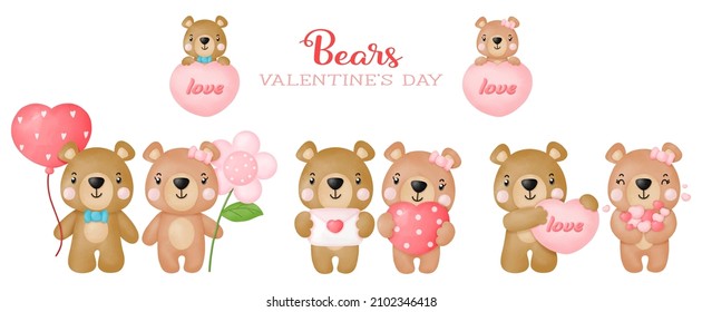 Watercolor cute teddy bear love valentines day, Digital painting