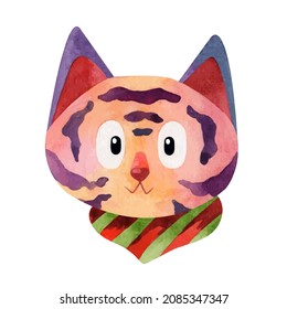 Watercolor cute tiger character on white background